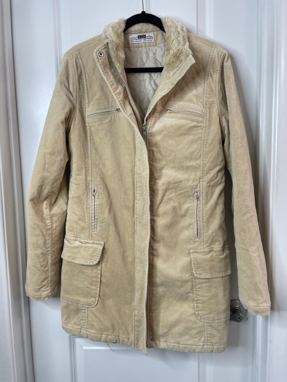 Revolt Jeans Cream Corduroy Trench Coat with Faux Fur Collar